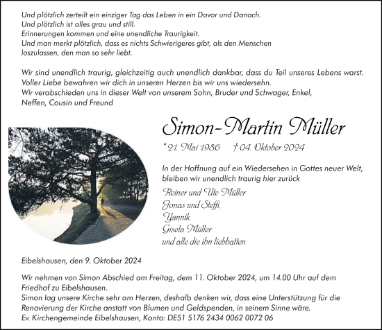 Traueranzeige von Simon-Martin Müller von Dill Block