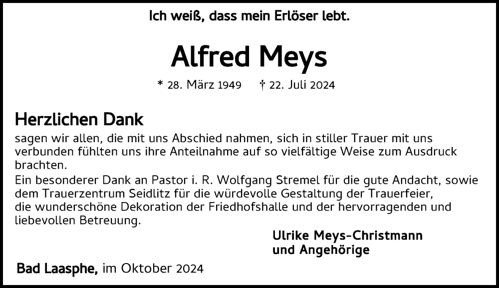  Traueranzeige für Alfred Meys vom 26.10.2024 aus Hinterländer Anzeiger