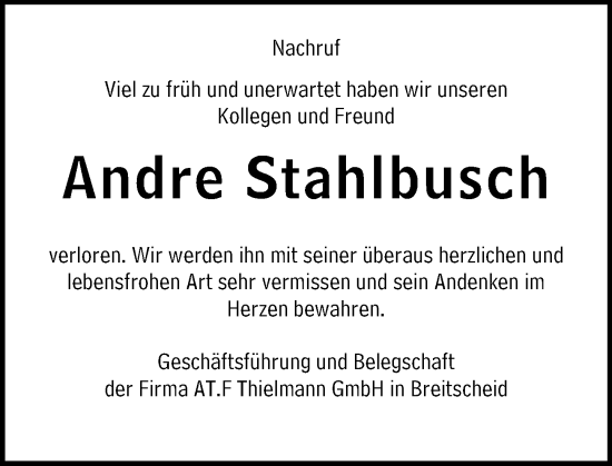 Traueranzeige von Andre Stahlbusch von Dill Block