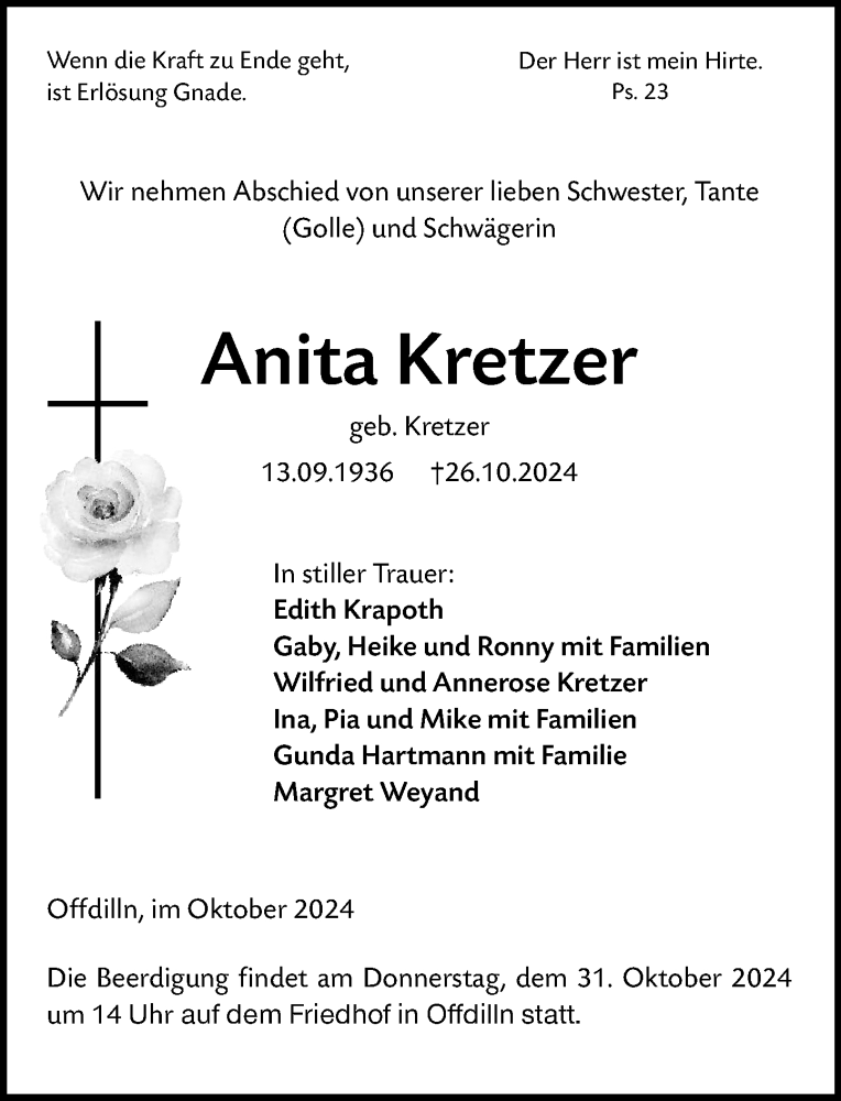  Traueranzeige für Anita Kretzer vom 29.10.2024 aus Dill Block