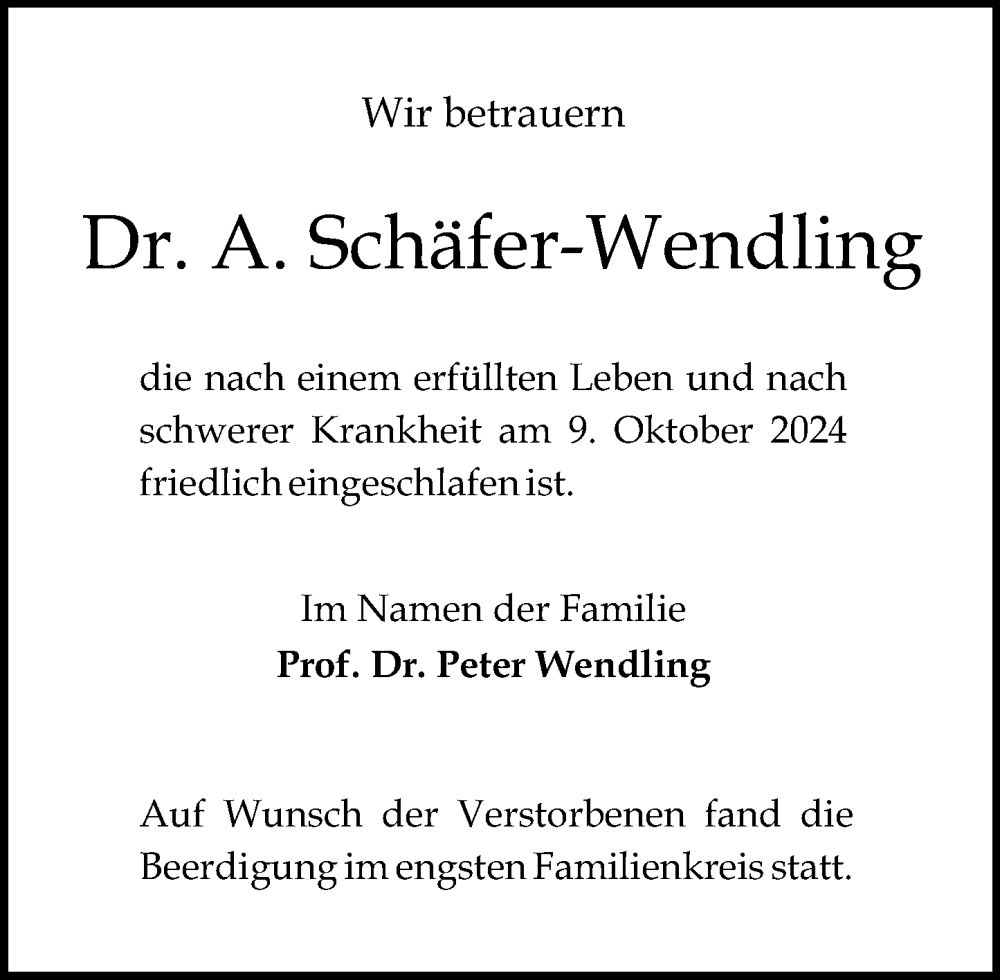  Traueranzeige für Anna Maria Schäfer-Wendling vom 19.10.2024 aus Allgemeine Zeitung Mainz