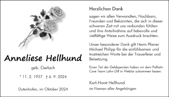 Traueranzeige von Anneliese Hellhund von Wetzlarer Neue Zeitung