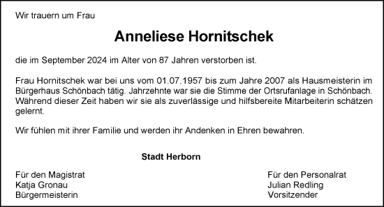 Traueranzeige von Anneliese Hornitschek von Dill Block