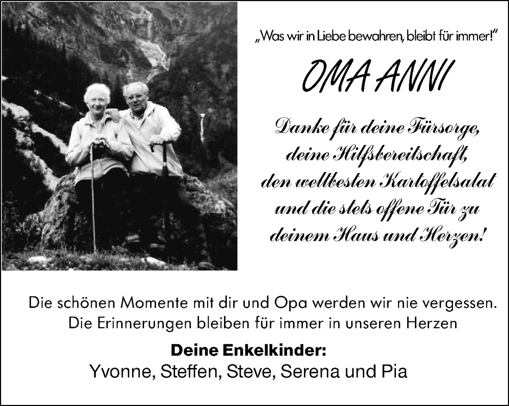 Traueranzeige für Anni  vom 26.10.2024 aus Allgemeine Zeitung Mainz