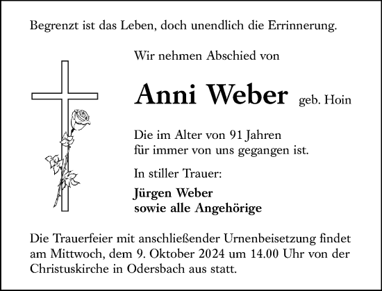 Traueranzeige von Anni Weber von Weilburger Tageblatt