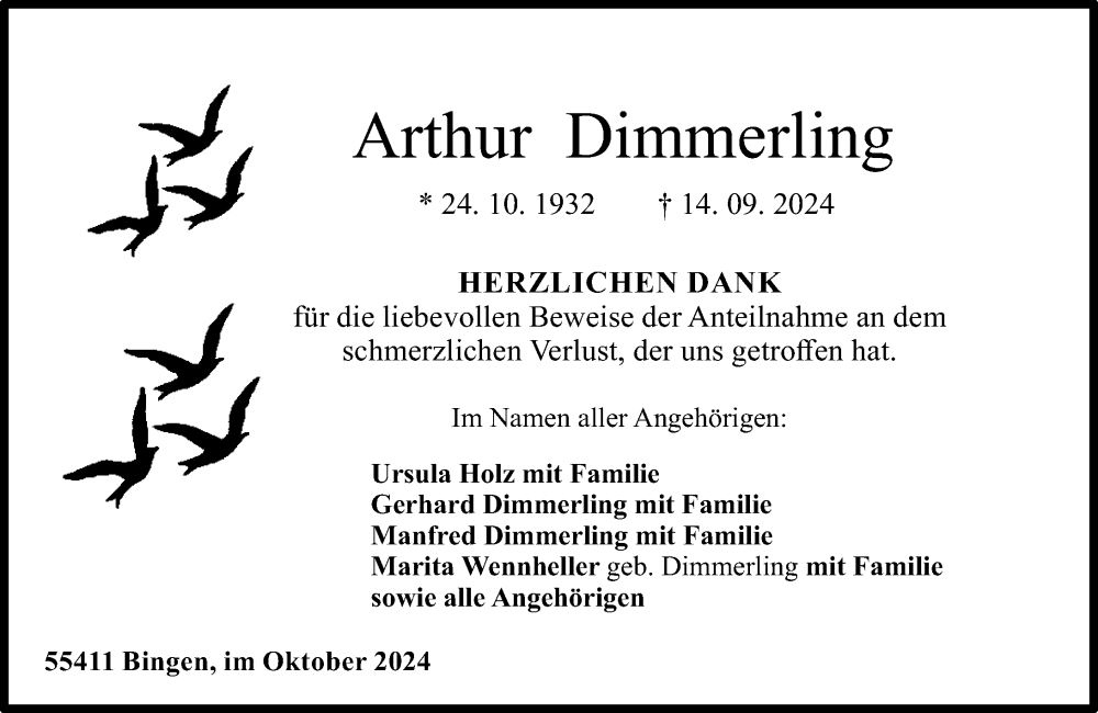  Traueranzeige für Arthur Dimmerling vom 12.10.2024 aus Allgemeine Zeitung Rheinhessen-Nahe