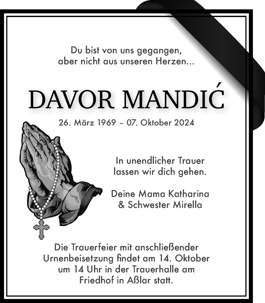  Traueranzeige für Davor Mandic vom 12.10.2024 aus Wetzlarer Neue Zeitung