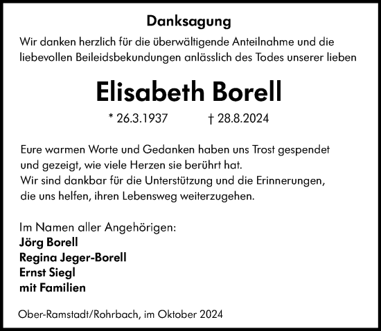 Traueranzeige von Elisabeth Borell von Darmstädter Echo