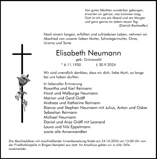 Traueranzeige von Elisabeth Neumann von Allgemeine Zeitung Rheinhessen-Nahe