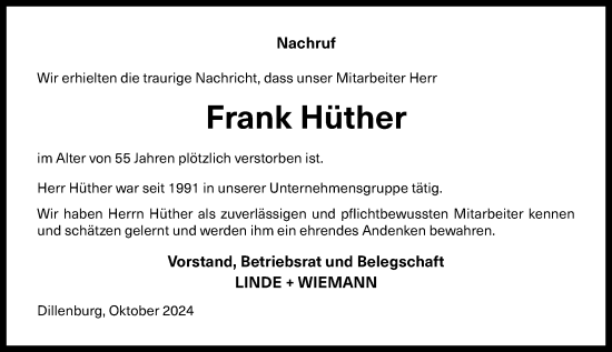 Traueranzeige von Frank Hüther von Dill Block