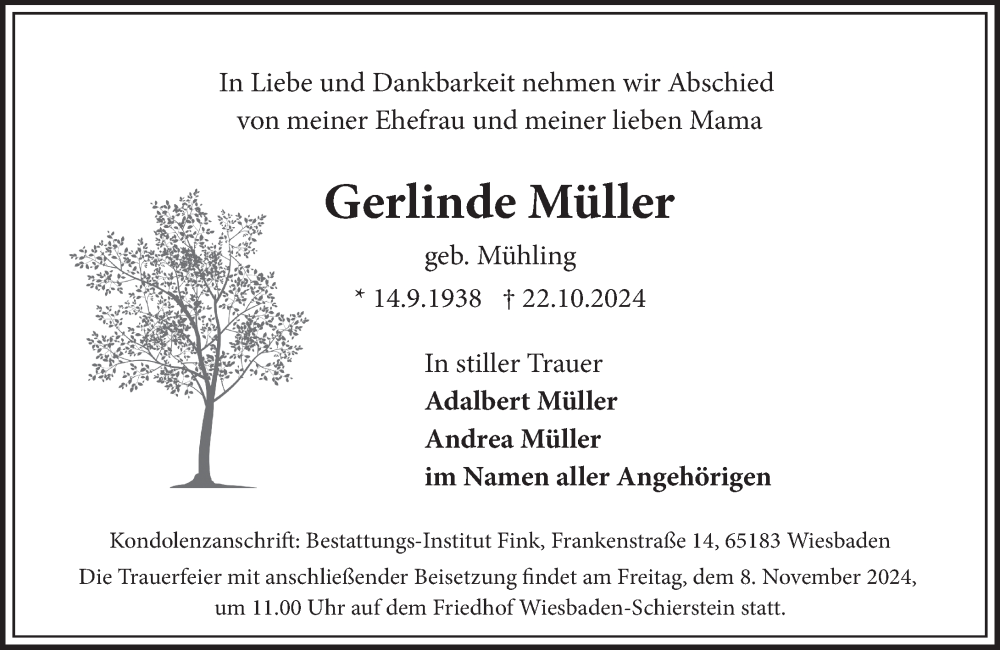  Traueranzeige für Gerlinde Müller vom 26.10.2024 aus Wiesbadener Kurier