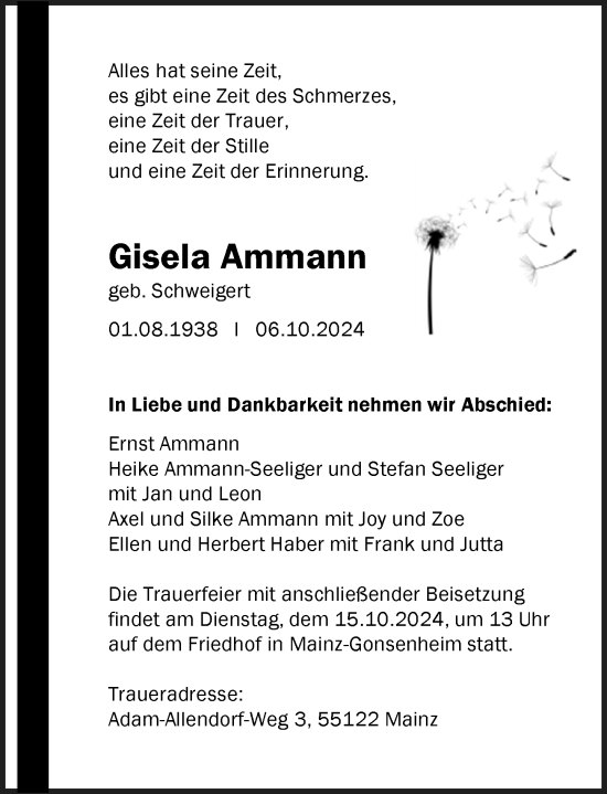 Traueranzeige von Gisela Ammann von Allgemeine Zeitung Mainz