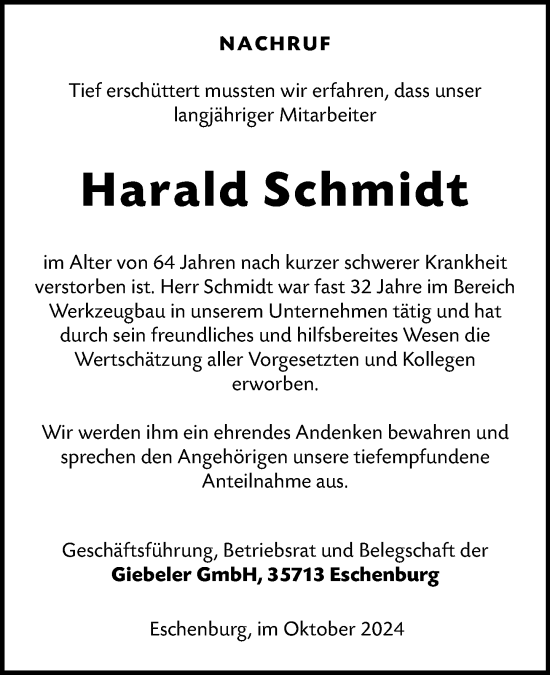 Traueranzeige von Harald Schmidt von Dill Block