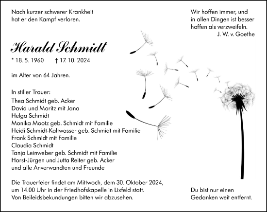 Traueranzeige von Harald Schmidt von Hinterländer Anzeiger