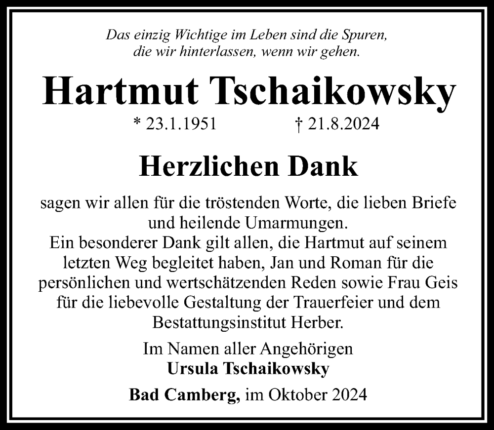  Traueranzeige für Hartmut Tschaikowsky vom 04.10.2024 aus Camberger Anzeiger