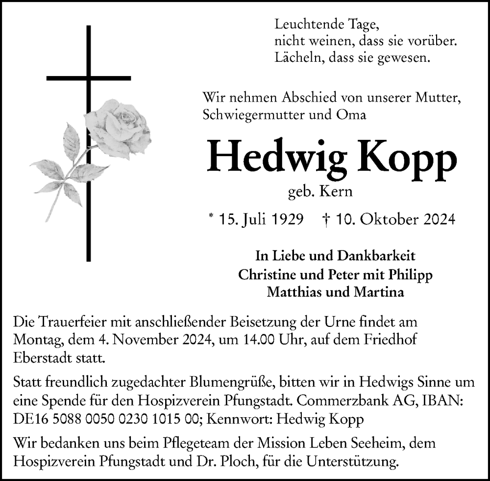  Traueranzeige für Hedwig Kopp vom 26.10.2024 aus Darmstädter Echo
