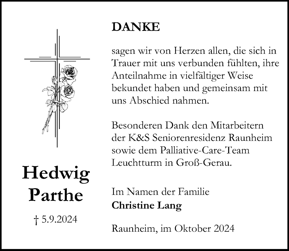  Traueranzeige für Hedwig Parthe vom 26.10.2024 aus Rüsselsheimer Echo
