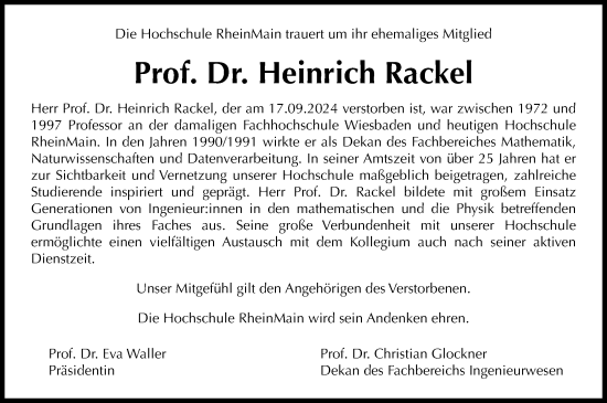 Traueranzeige von Heinrich Rackel von Wiesbadener Kurier