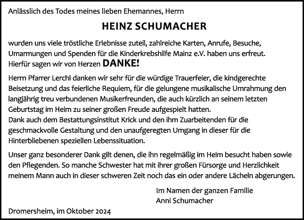  Traueranzeige für Heinz Schumacher vom 12.10.2024 aus Binger-/Ingelheimer Wochenblatt