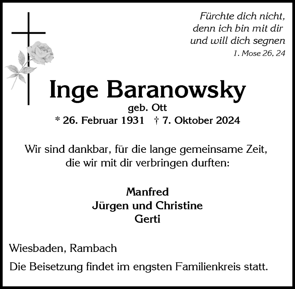  Traueranzeige für Ingeborg Baranowsky vom 19.10.2024 aus Wiesbadener Kurier