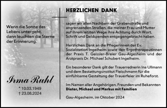 Traueranzeige von Irma Ruhl von Allgemeine Zeitung Rheinhessen-Nahe