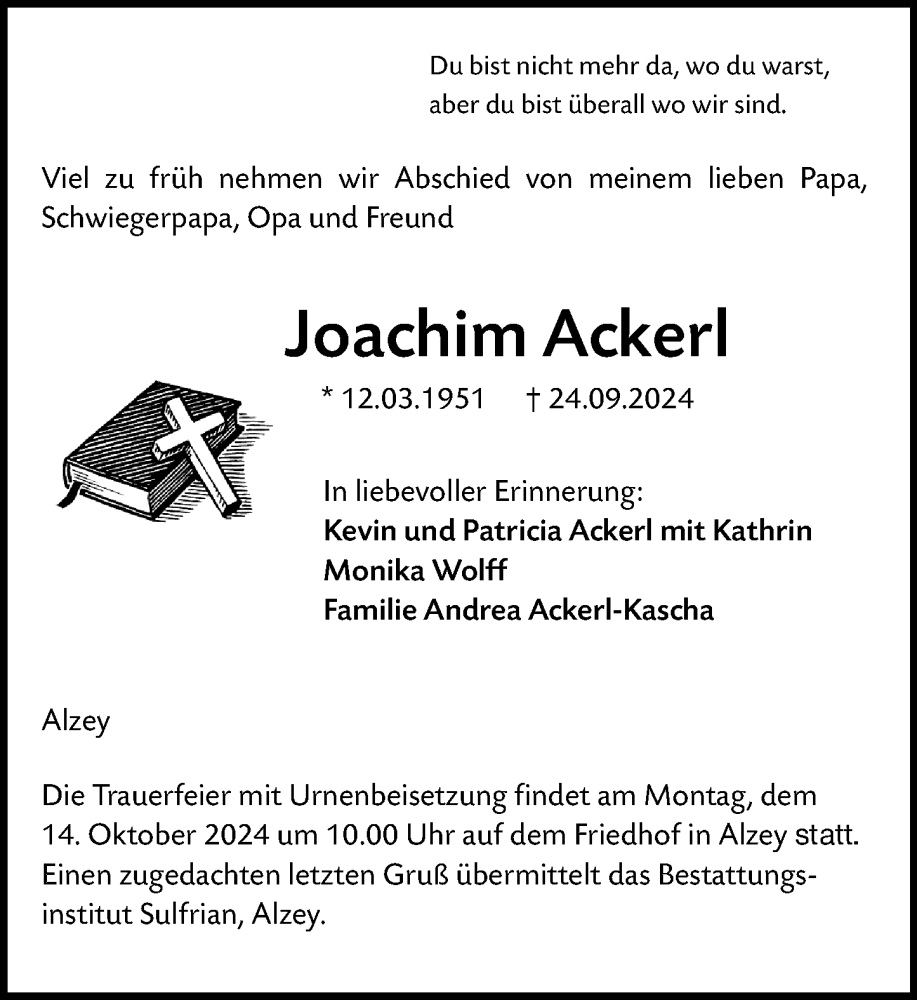  Traueranzeige für Joachim Ackerl vom 05.10.2024 aus Allgemeine Zeitung Alzey