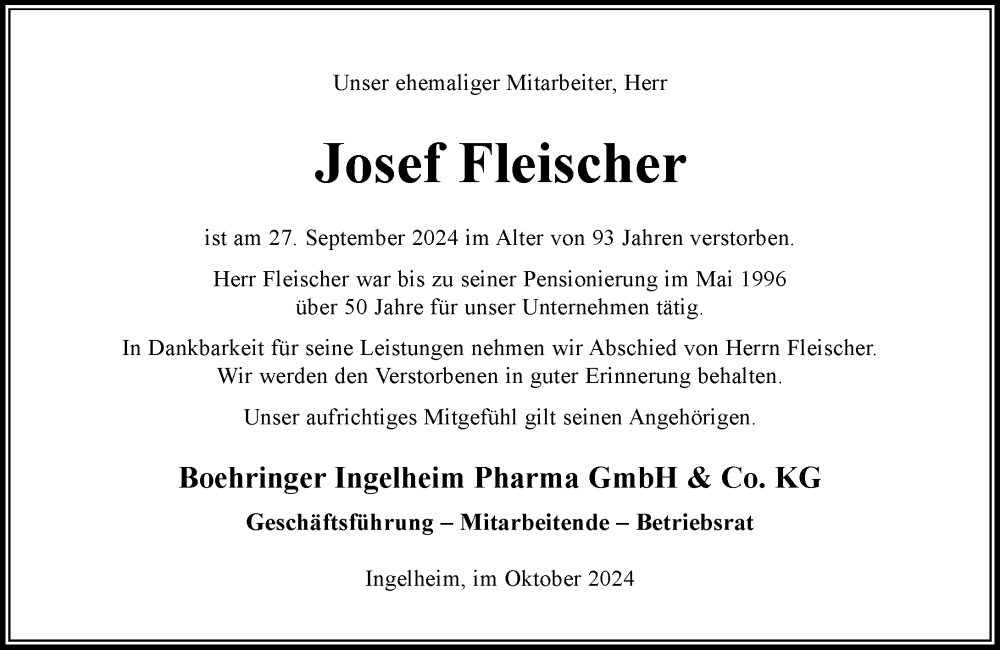  Traueranzeige für Josef Fleischer vom 19.10.2024 aus Allgemeine Zeitung Rheinhessen-Nahe