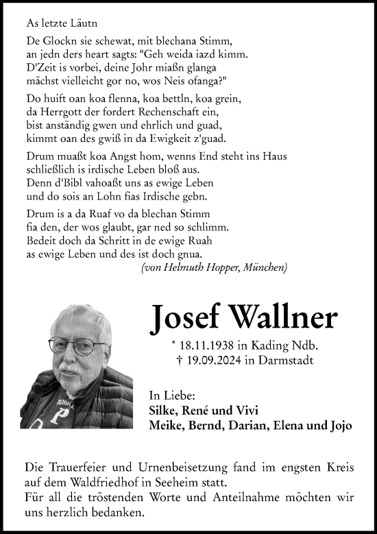 Traueranzeige von Josef Wallner von Darmstädter Echo