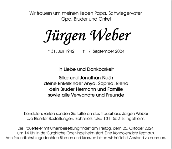 Traueranzeige von Jürgen Weber von Allgemeine Zeitung Rheinhessen-Nahe