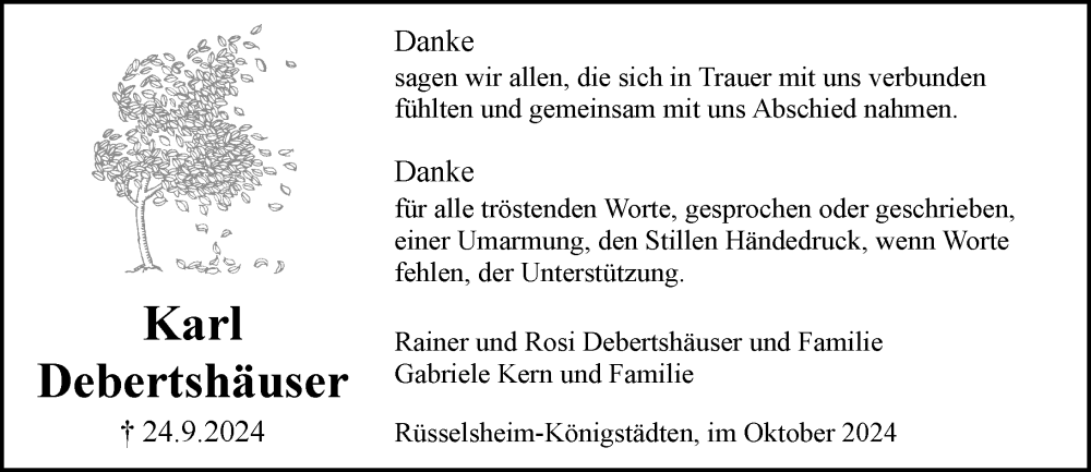  Traueranzeige für Karl Debertshäuser vom 19.10.2024 aus Rüsselsheimer Echo
