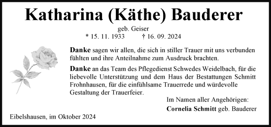 Traueranzeige von Katharina Bauderer von Dill Block