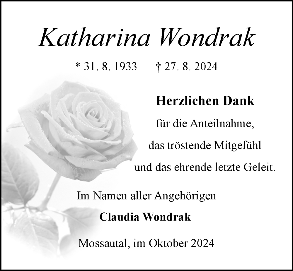  Traueranzeige für Katharina Wondrak vom 12.10.2024 aus Odenwälder Echo
