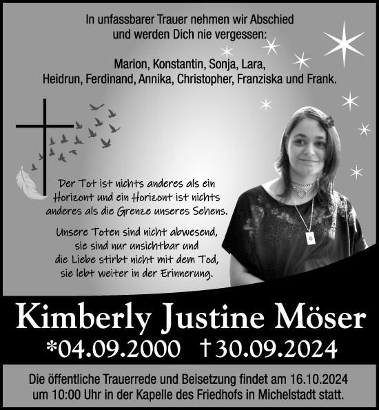 Traueranzeige von Kimberly Justine Möser von Odenwälder Echo
