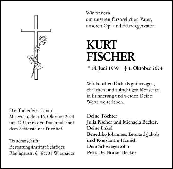Traueranzeige von Kurt Fischer von Wiesbadener Kurier