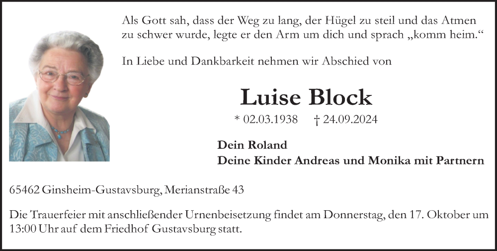  Traueranzeige für Luise Block vom 12.10.2024 aus Allgemeine Zeitung Mainz