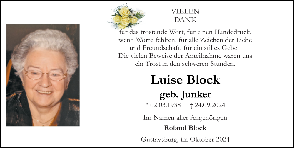  Traueranzeige für Luise Block vom 26.10.2024 aus Allgemeine Zeitung Mainz