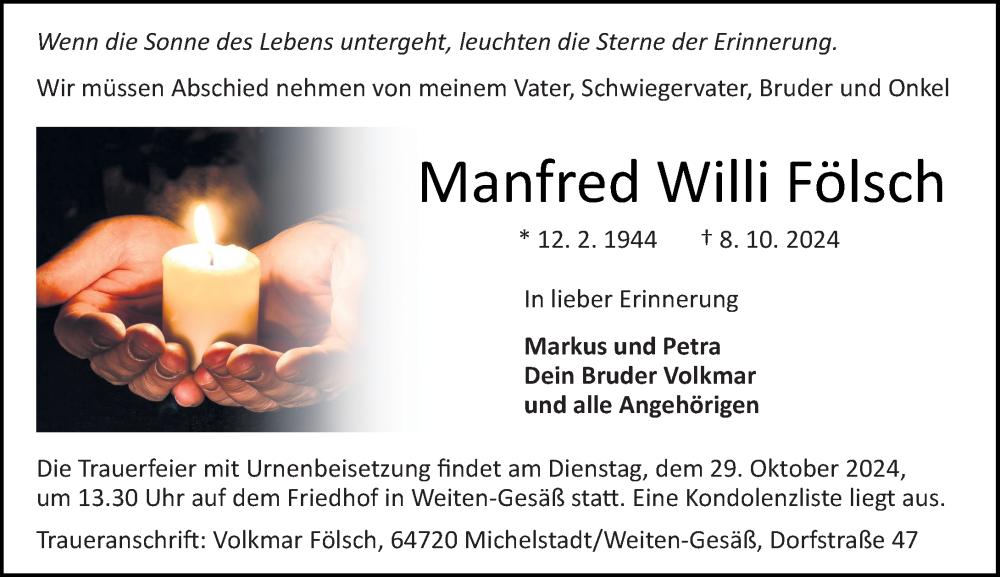  Traueranzeige für Manfred Willi Fölsch vom 19.10.2024 aus Odenwälder Echo