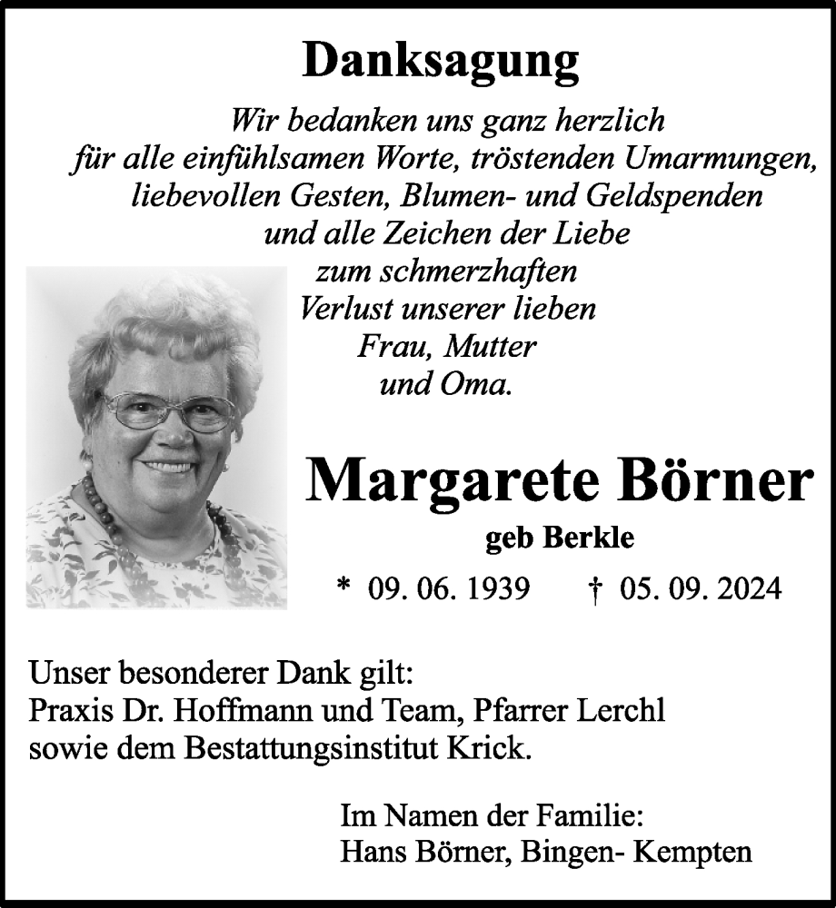  Traueranzeige für Margarete Börner vom 26.10.2024 aus Allgemeine Zeitung Rheinhessen-Nahe