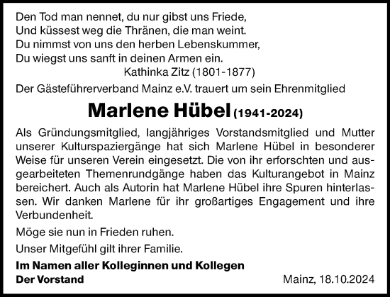 Traueranzeige von Marlene Hübel von Allgemeine Zeitung Mainz