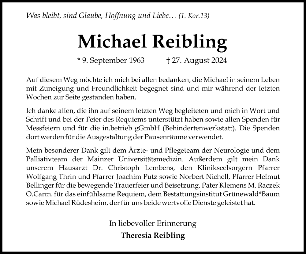  Traueranzeige für Michael Reibling vom 12.10.2024 aus Allgemeine Zeitung Mainz