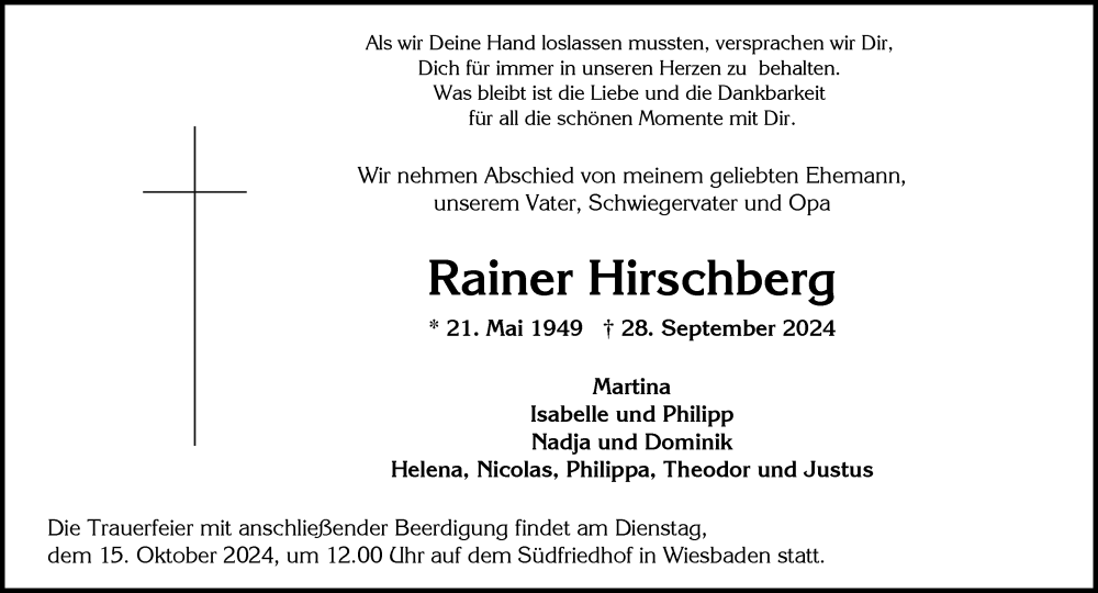 Traueranzeige für Rainer Hirschberg vom 12.10.2024 aus Wiesbadener Kurier