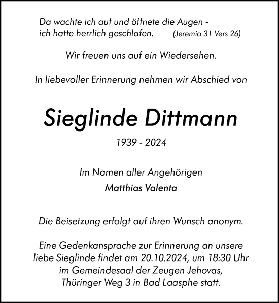 Traueranzeige von Sieglinde Dittmann von Hinterländer Anzeiger