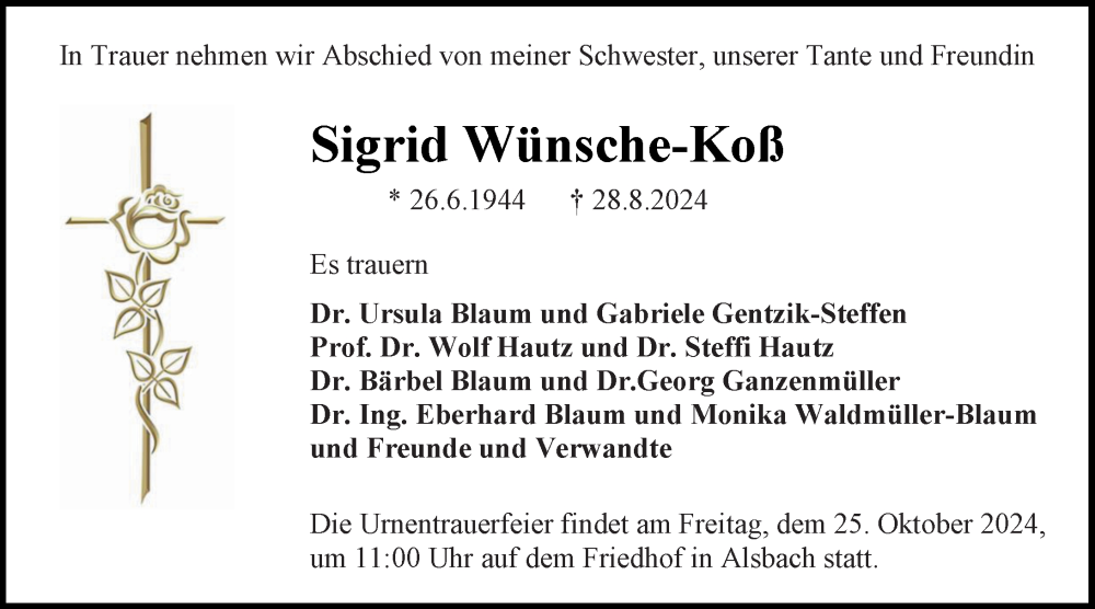  Traueranzeige für Sigrid Wünsche-Koß vom 05.10.2024 aus Darmstädter Echo