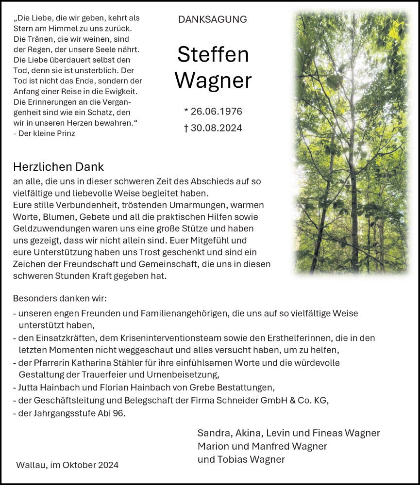  Traueranzeige für Steffen Wagner vom 12.10.2024 aus Hinterländer Anzeiger