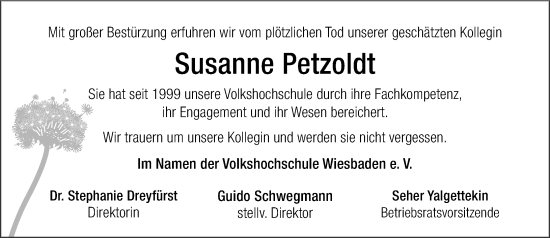 Traueranzeige von Susanne Petzoldt von Wiesbadener Kurier