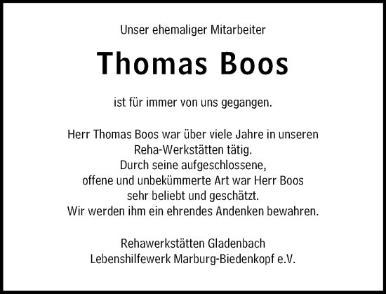 Traueranzeige von Thomas Boos von Hinterländer Anzeiger