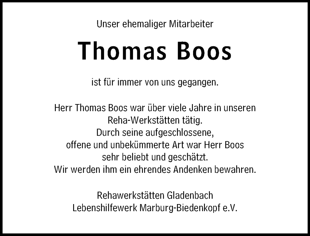  Traueranzeige für Thomas Boos vom 25.10.2024 aus Hinterländer Anzeiger