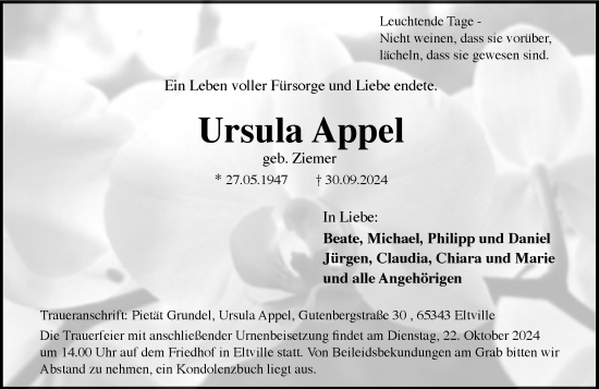 Traueranzeige von Ursula Appel von Wiesbadener Kurier