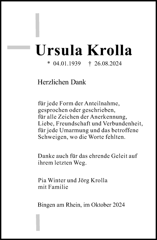 Traueranzeige von Ursula Krolla von Allgemeine Zeitung Rheinhessen-Nahe
