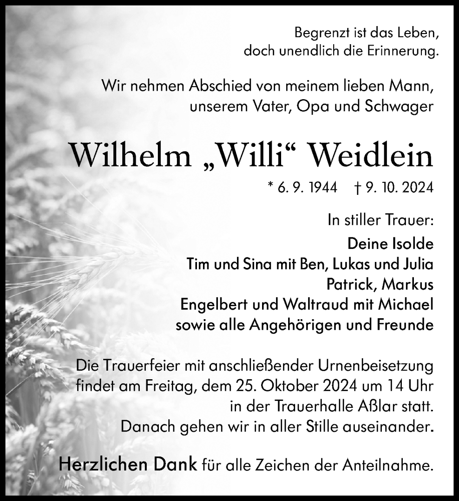  Traueranzeige für Wilhelm Weidlein vom 19.10.2024 aus Wetzlarer Neue Zeitung